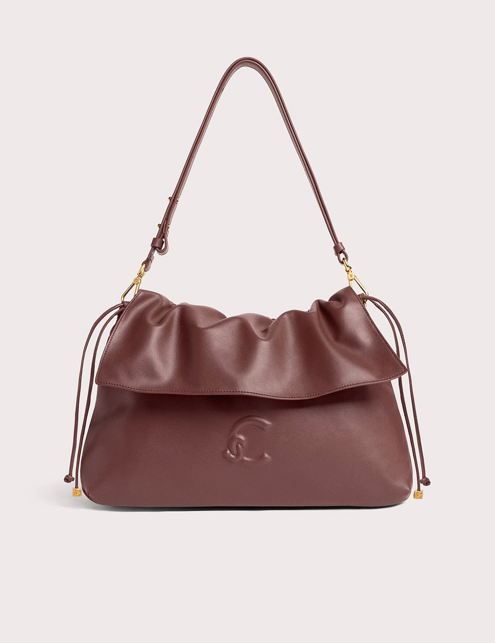 Coccinelle Lidia medium berry borsa a tracolla in pelle burgundy con patta arricciata e dettagli in metallo oro