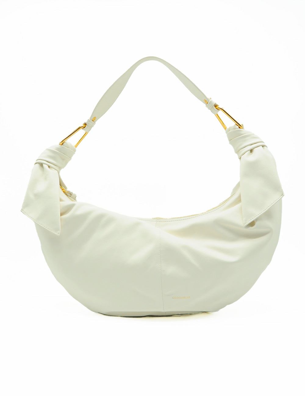 Borsa hobo grande Coccinelle Furoshiki Pearl in satin avorio con hardware dorato e laccio annodato