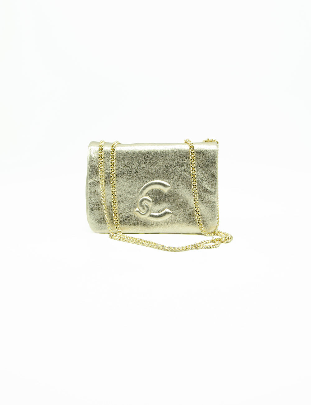 Borsa clutch mini Coccinelle Dulse oro pallido con catena e logo goffrato