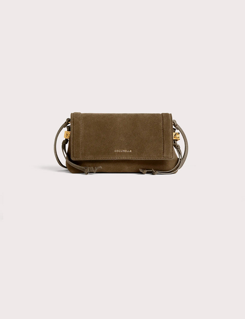 Olive green suede crossbody bag with gold-tone hardware and adjustable strap by Coccinelle Thess Suede Mini Fango