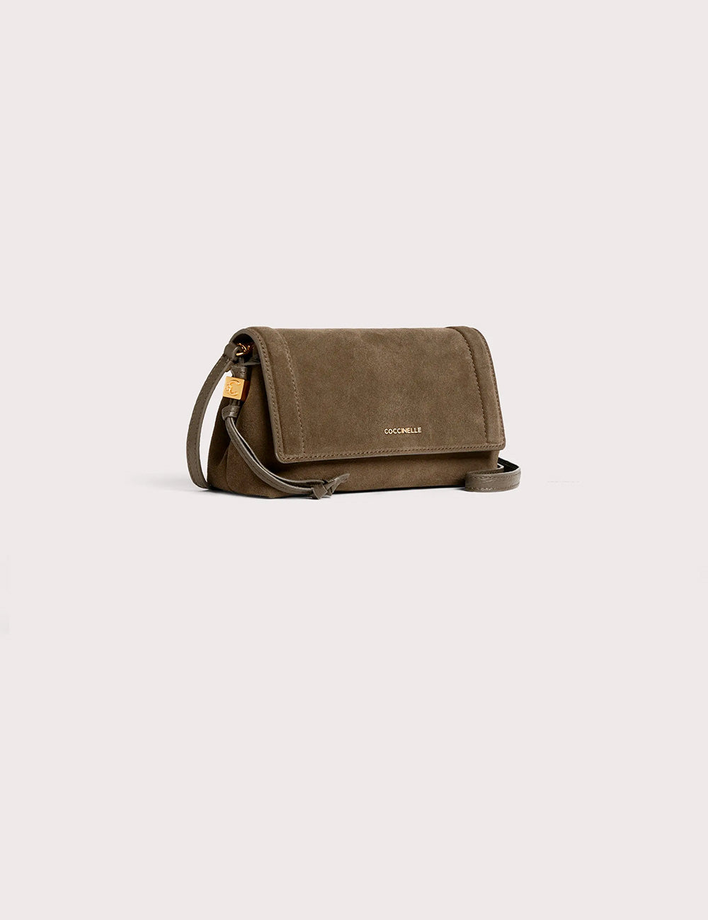 Olive green suede crossbody bag with minimalist design and gold-tone hardware coccinelle thess suede mini fango