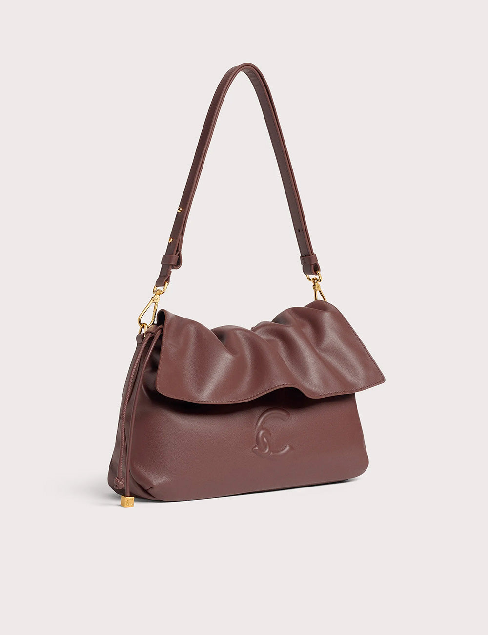 Brown leather shoulder bag coccinelle lidia small berry with ruched flap and gold-tone hardware