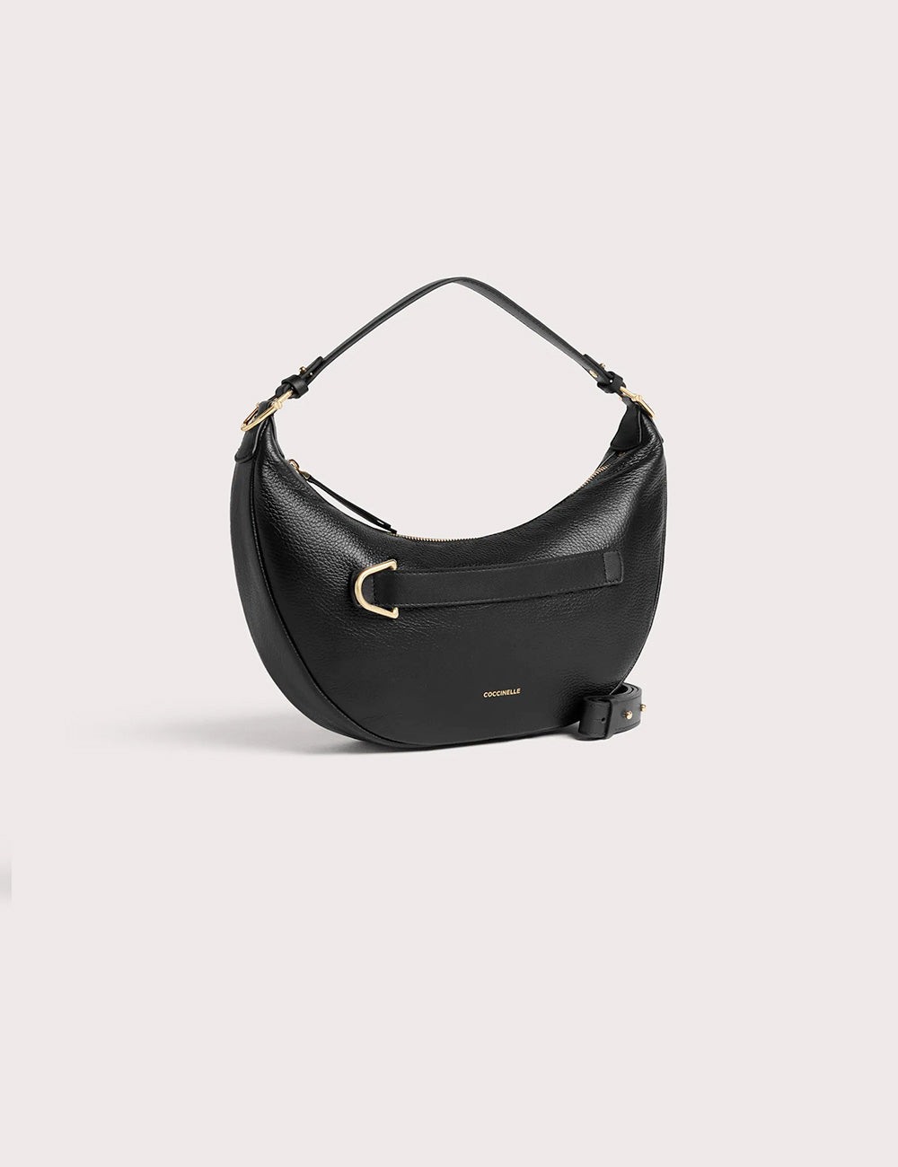 Borsa hobo media Coccinelle Paki in pelle nera con hardware oro e tracolla staccabile