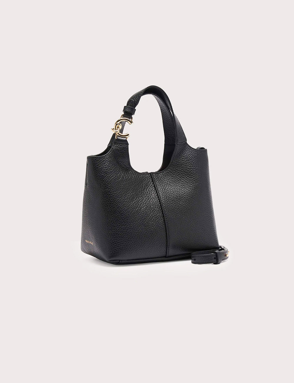 Black textured leather tote bag coccinelle c-easy small noir with gold-tone cc logo hardware and detachable shoulder strap