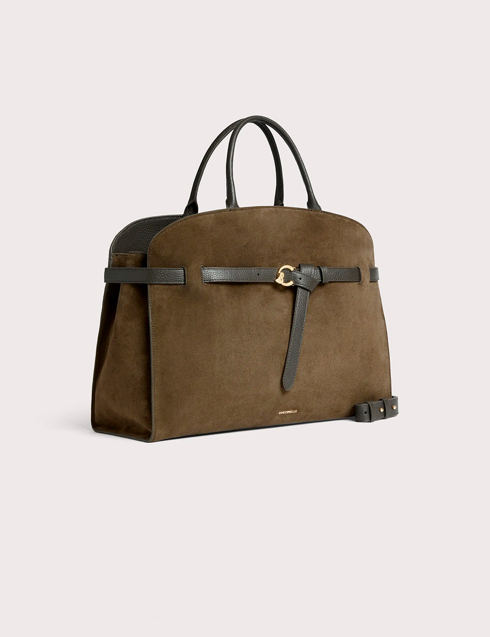 Brown suede handbag coccinelle sabine large fango with black leather straps and gold-tone buckle