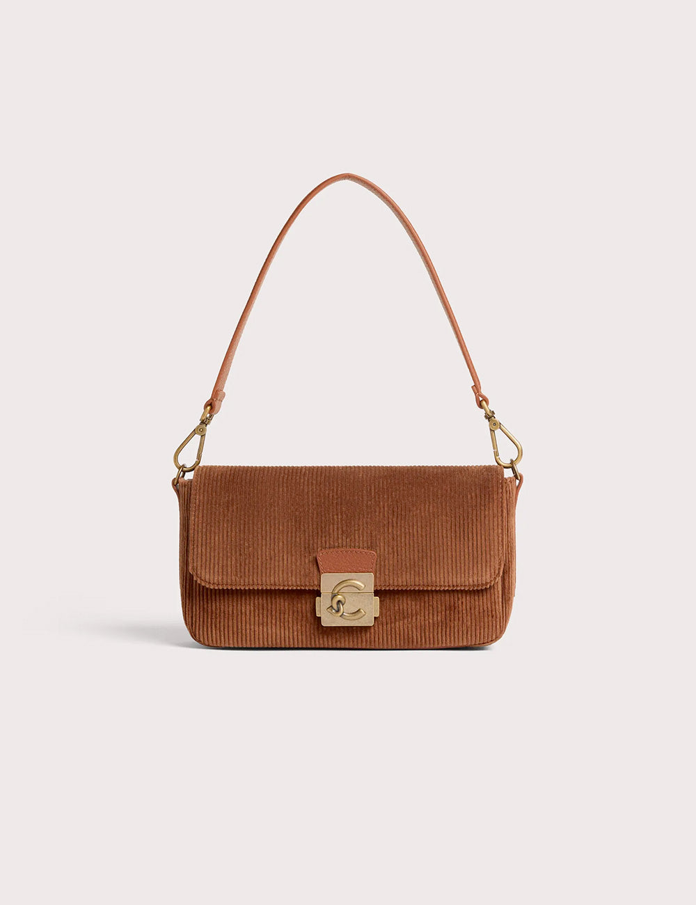 Coccinelle c-me lock medium borsa a tracolla in velluto a coste cognac con chiusura logo oro e tracolla in pelle abbinata