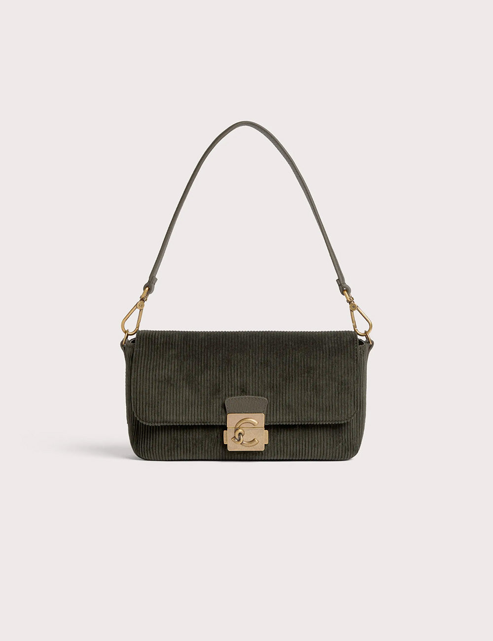Olive green corduroy handbag coccinelle c-me lock medium fango with gold-tone logo clasp and shoulder strap