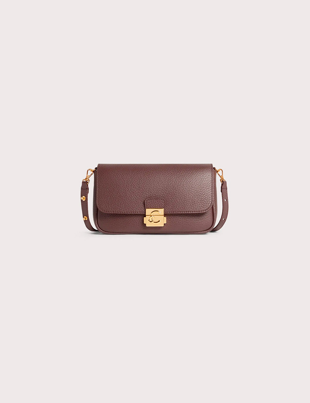 Brown textured leather crossbody bag coccinelle c-me lock mini berry with gold-tone clasp and matching strap