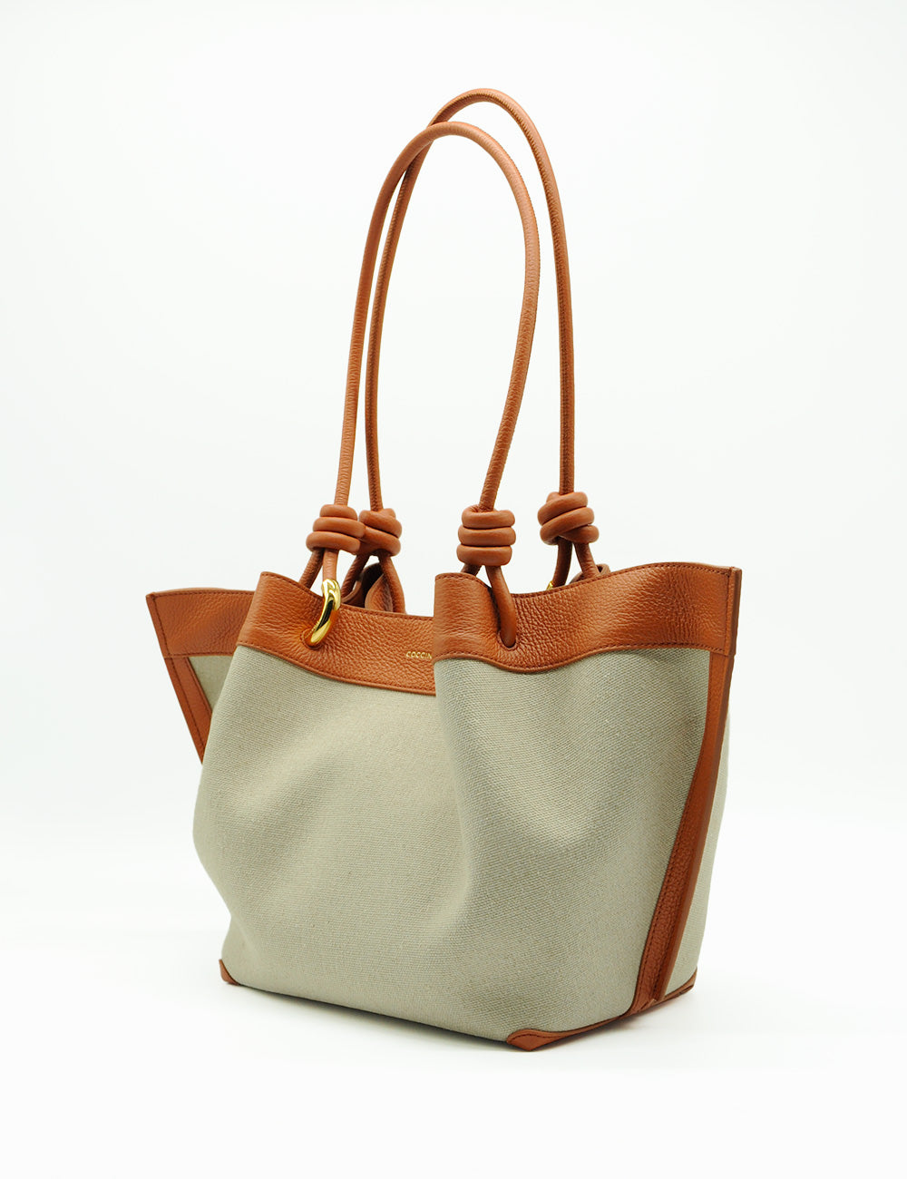 Borsa tote Coccinelle Finn Canvas Natural Crab in pelle beige e marrone con manici annodati