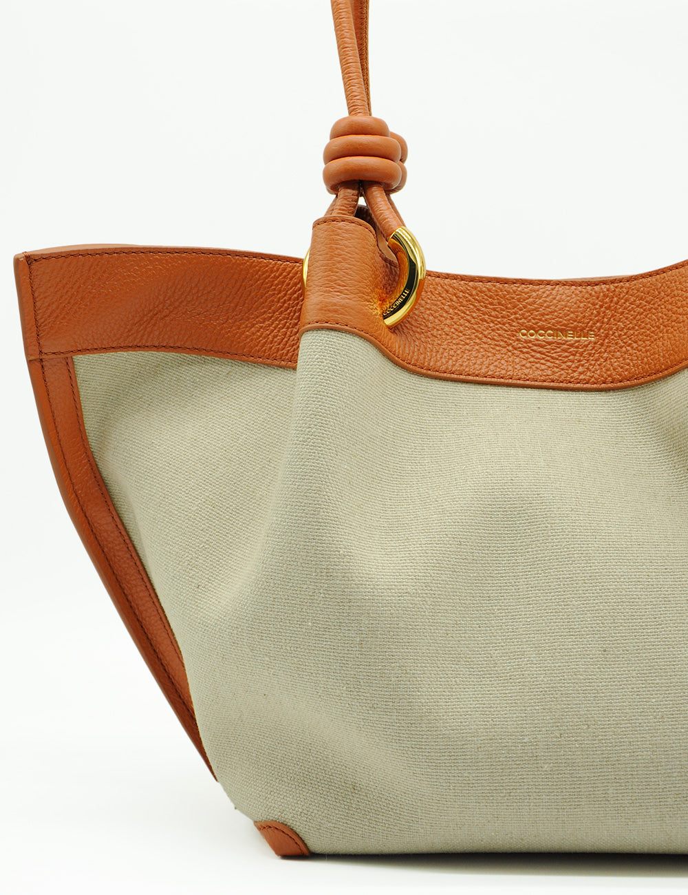 Borsa tote Coccinelle Finn Canvas Natural Crab in tela con pelle beige e manico annodato