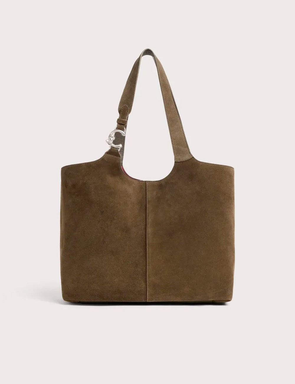 Borsa tote coccinelle c-easy large fango in camoscio marrone con chiusura circolare metallica argentata sul manico