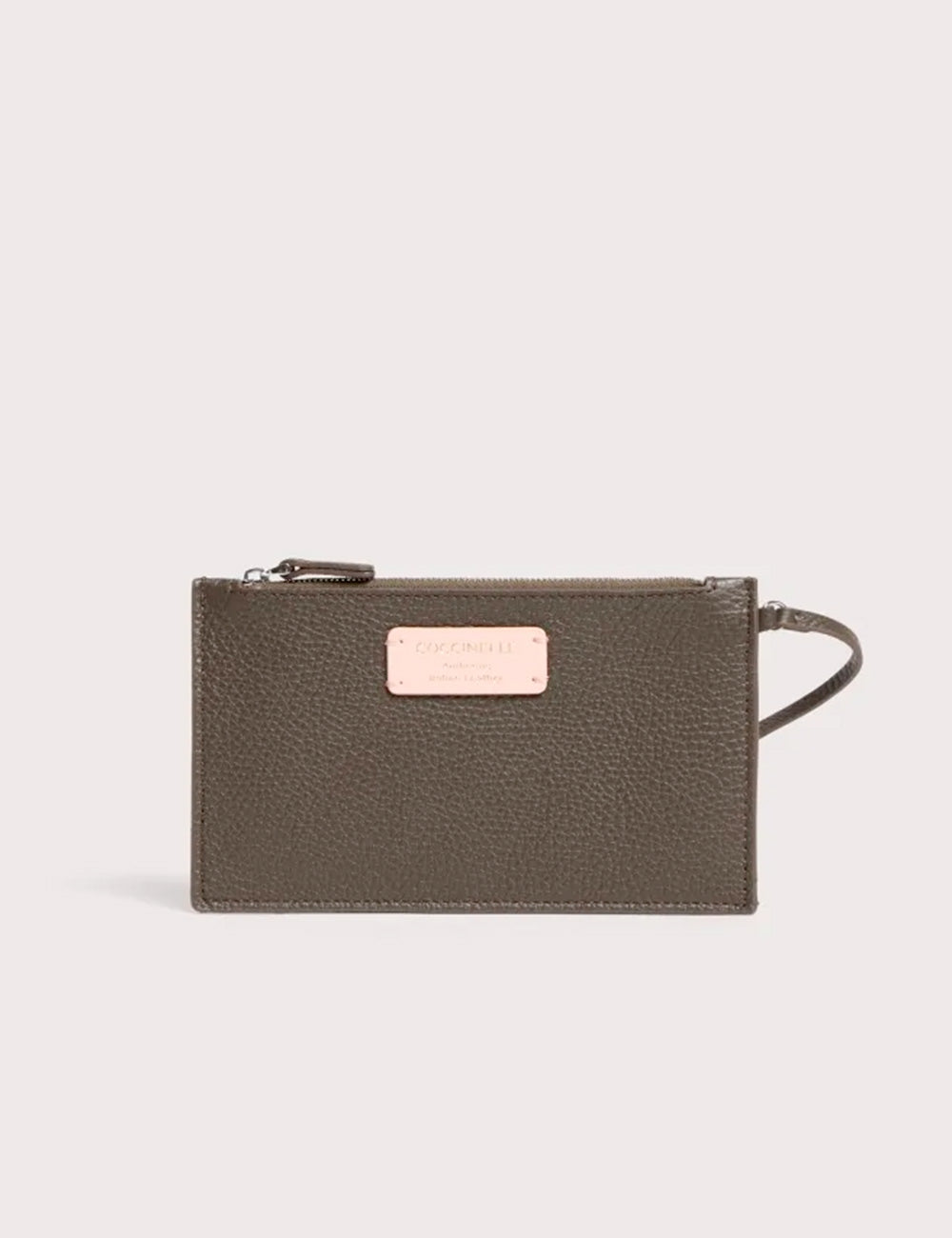 Coccinelle c-easy large fango wristlet in olive green textured leather with rose gold-tone plaque and zipper