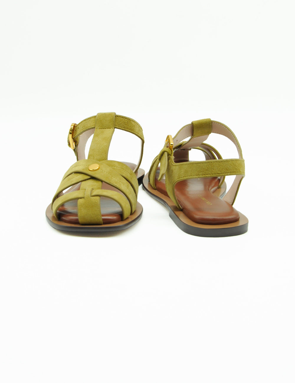 Sandali Coccinelle Sunup Seagrass in suede verde oliva con fibbia oro