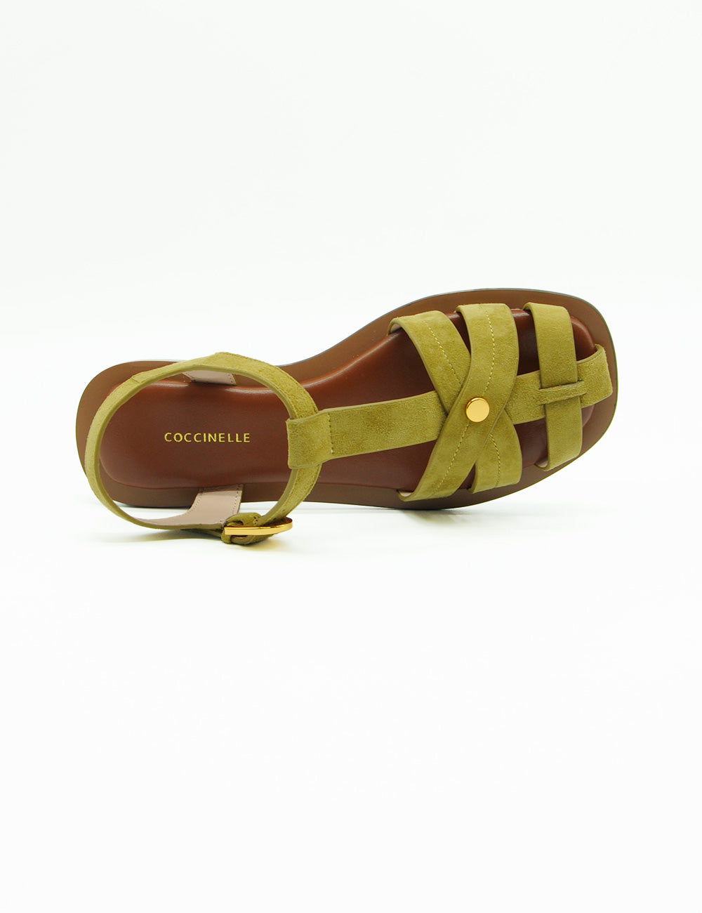 Sandalo Coccinelle Sunup Seagrass verde oliva scamosciato con suola cuoio marrone