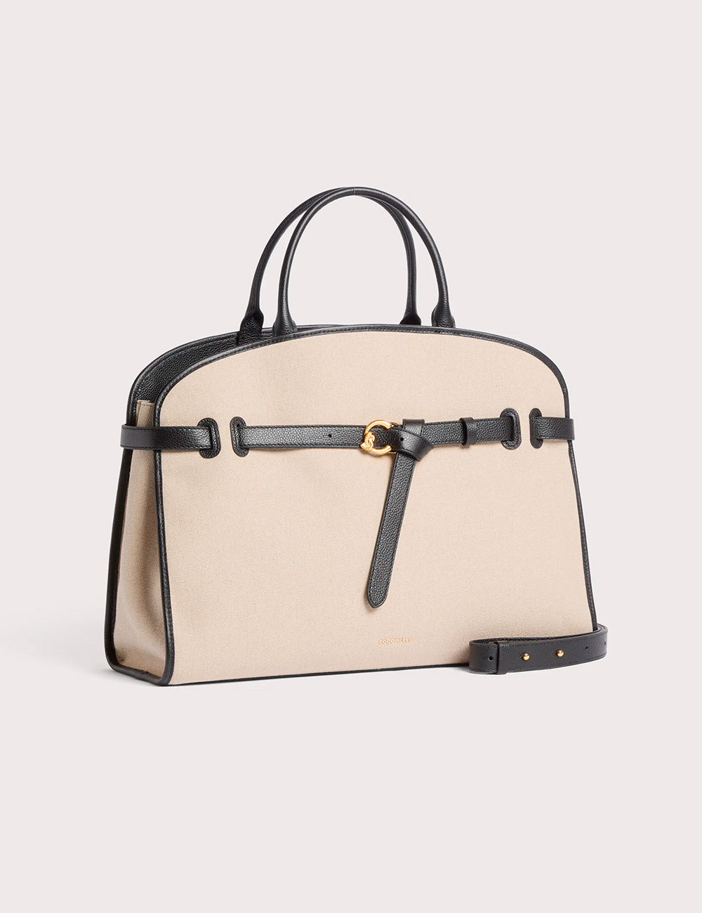 Borsa grande Sabine Natural Coccinelle in canvas beige con dettagli in pelle nera e fibbia oro