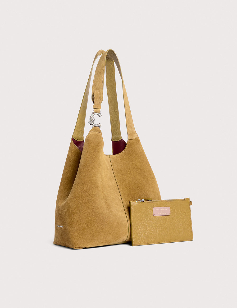 Borsa hobo in suede giallo senape Coccinelle C-Easy Seagrass con portafoglio
