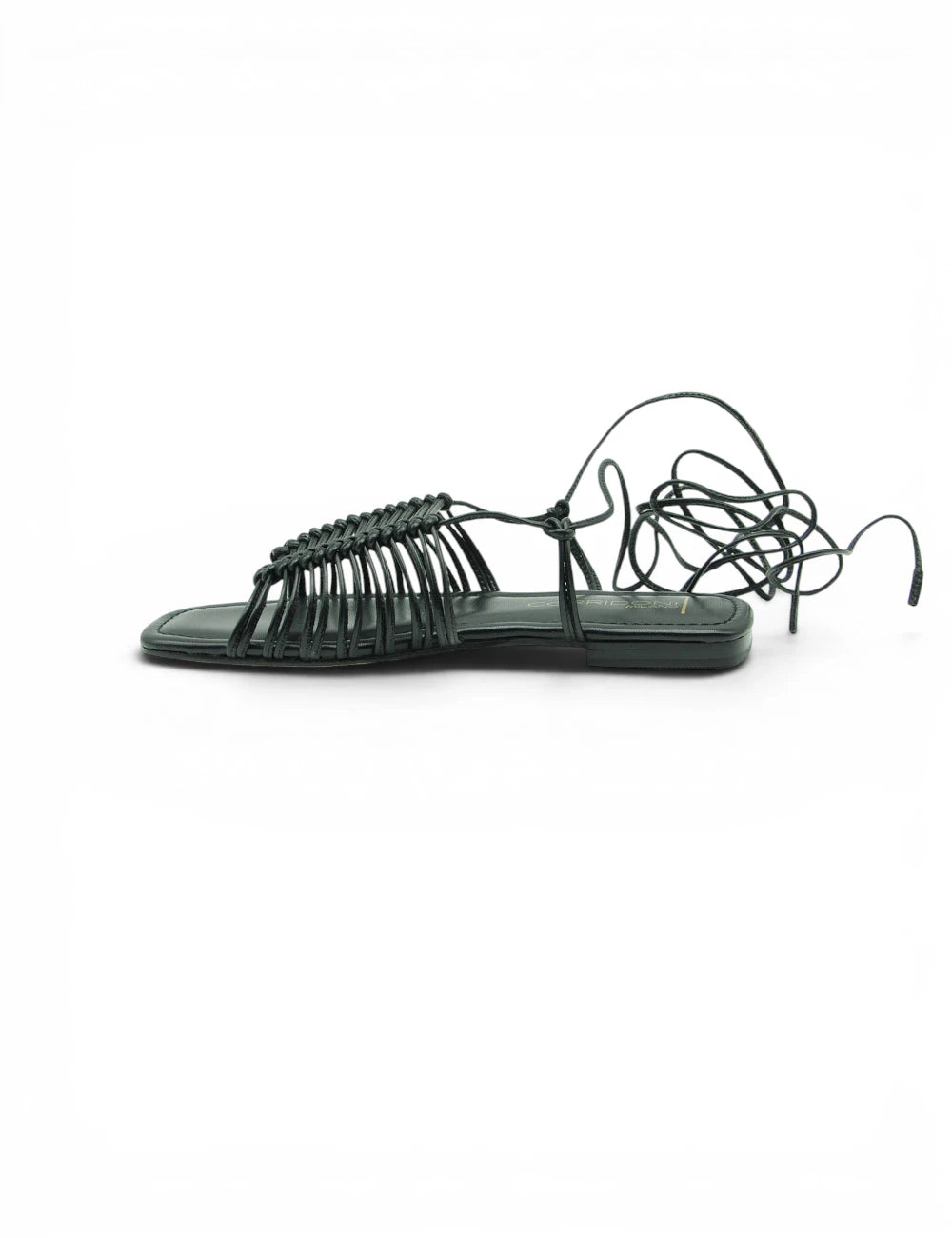 Black leather strappy sandal spazio corridoni 1 sandalo nero with woven detailing and adjustable ankle ties
