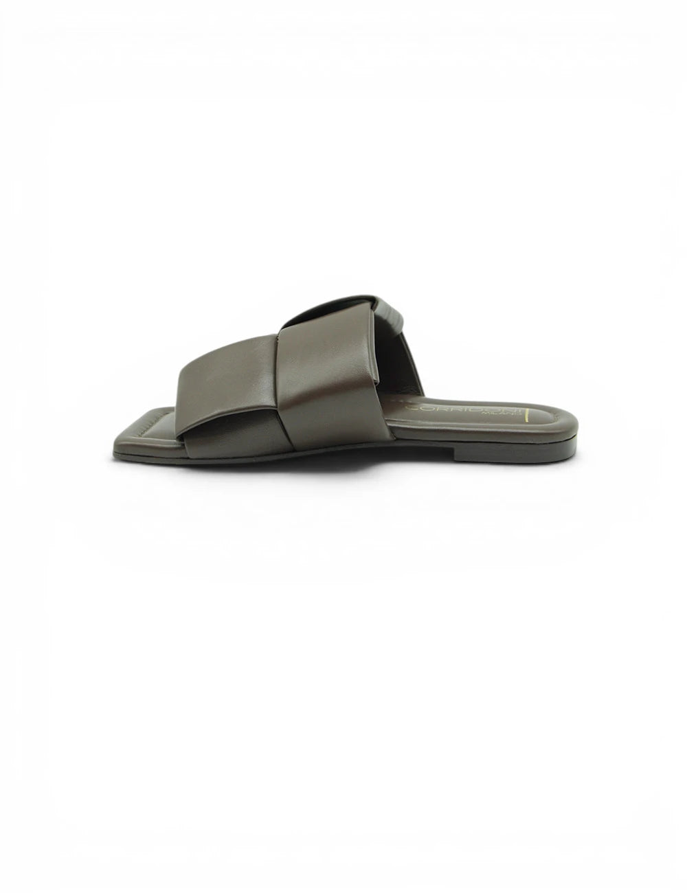 Spazio corridoni 1 sandalo chocolate olive green leather slide sandal with wide flat strap across the foot