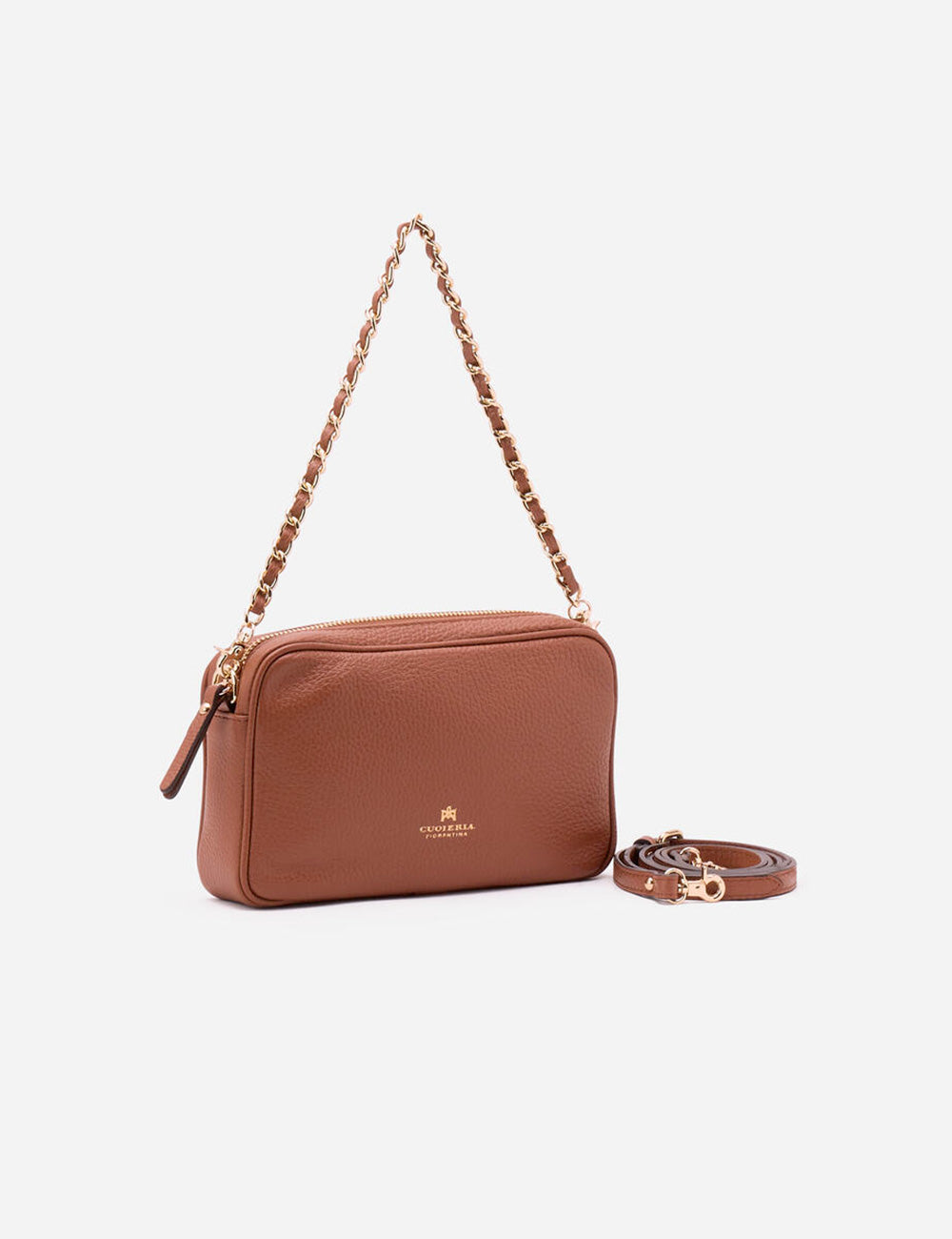 Borsa a tracolla mini Cuoieria Fiorentina in velluto caramel con catena oro e cinghia in pelle marrone