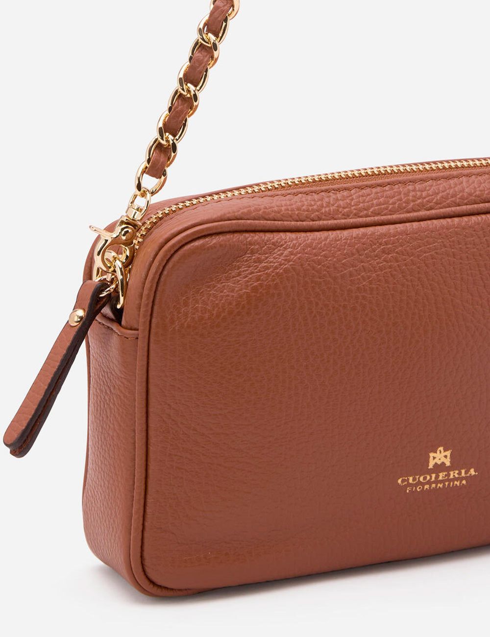 Borsa a tracolla mini Cuoieria Fiorentina in velluto caramello con catena dorata