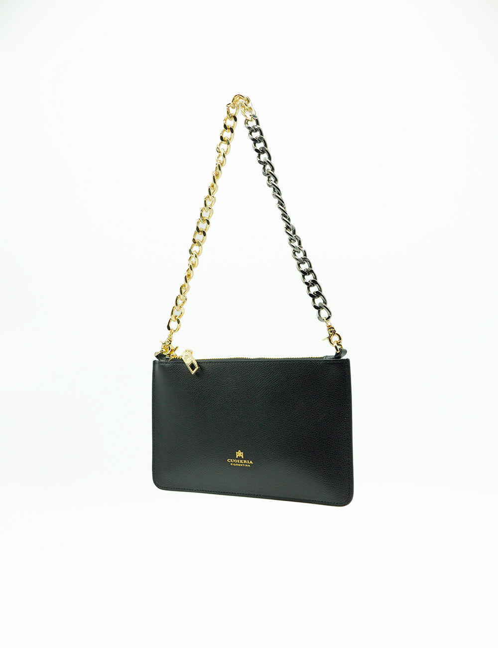 Pochette nera Cuoieria Fiorentina Alice in pelle con catena bicolore oro e argento