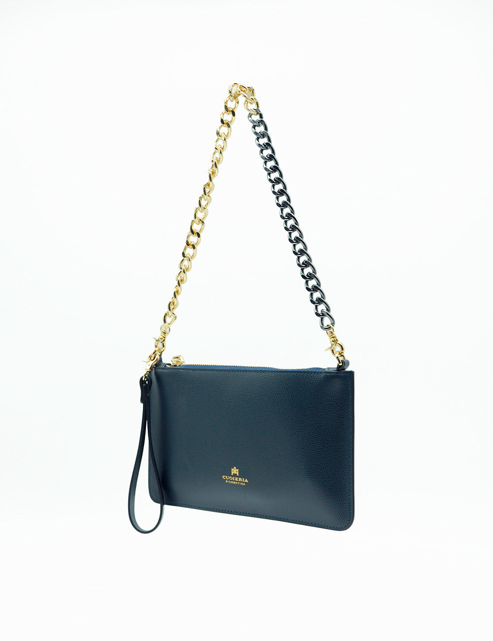 Pochette Alice Navy Cuoieria Fiorentina in pelle blu scuro con catena bicolore oro-nera e polsino
