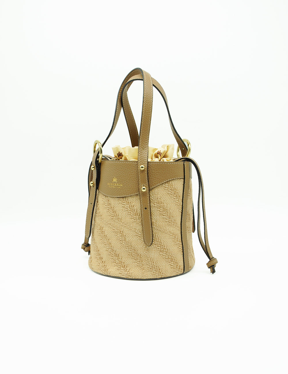 Borsa secchiello Cuoieria Fiorentina in rafia tan con manici e rifiniture in pelle