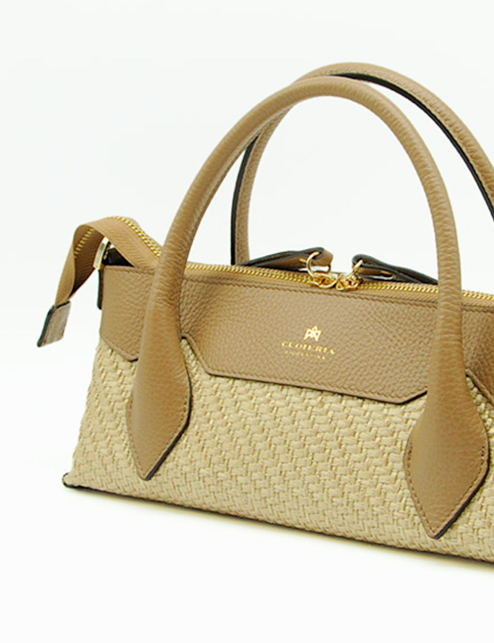 Borsa tote piccola Holy Desert Cuoieria Fiorentina in beige intrecciato con manici in pelle tan e patta con logo cocobella