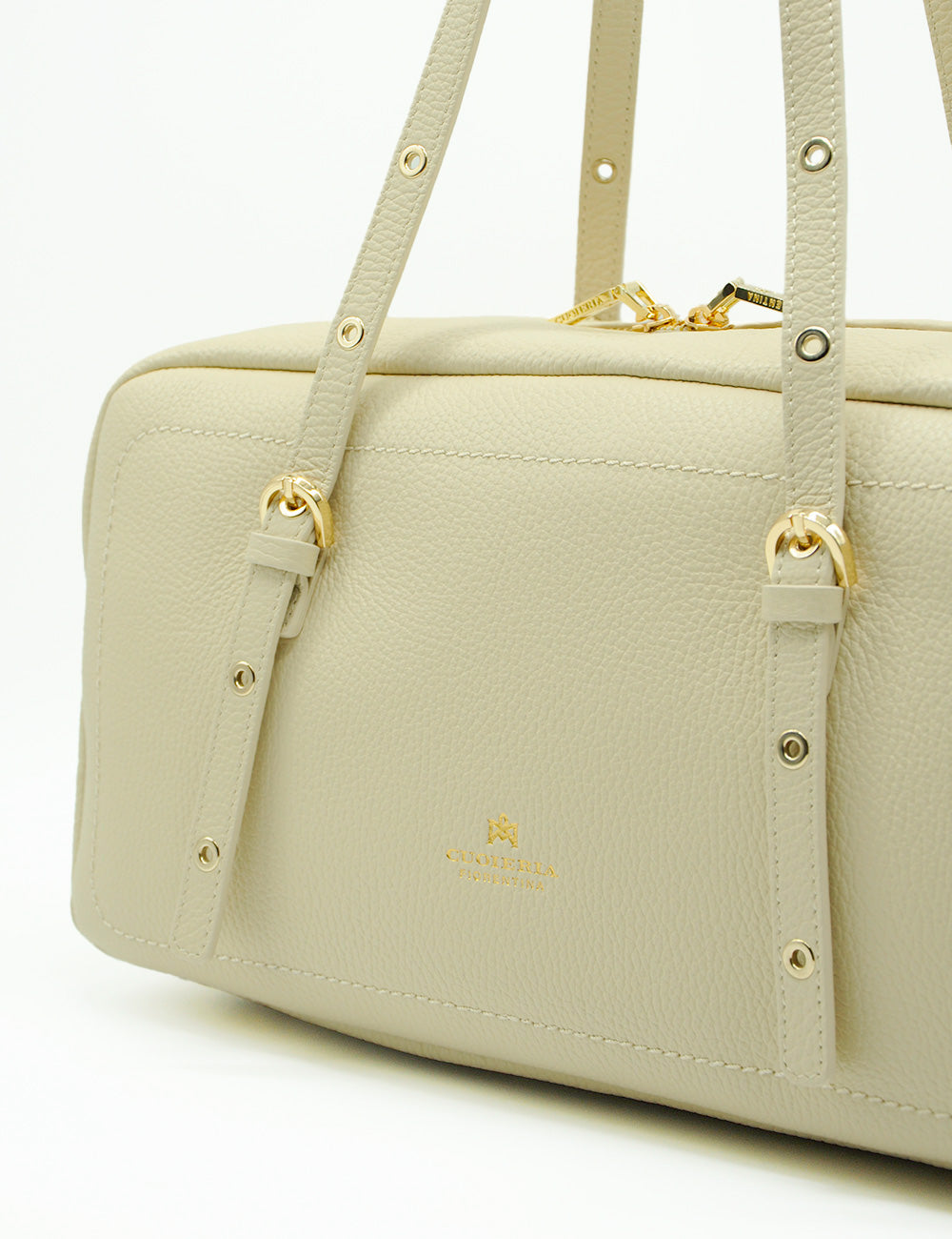 Borsa in pelle color crema Cuoieria Fiorentina Baulotto Eva Soft Large Prosecco con hardware dorato e logo embossato