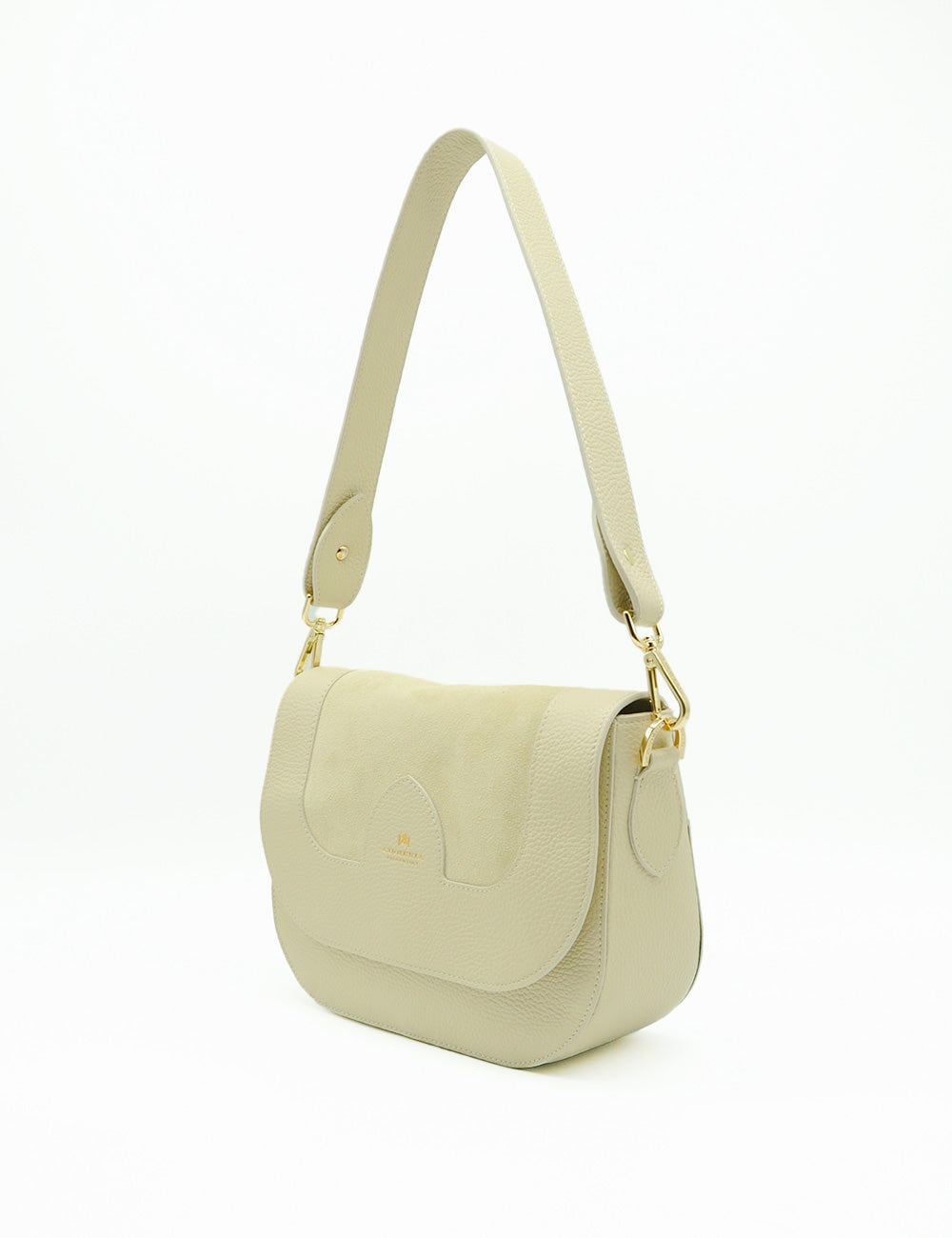 Borsa a tracolla Cuoieria Fiorentina Messenger Stella Prosecco in pelle beige testurizzata con hardware dorato e chiusura a flap curva