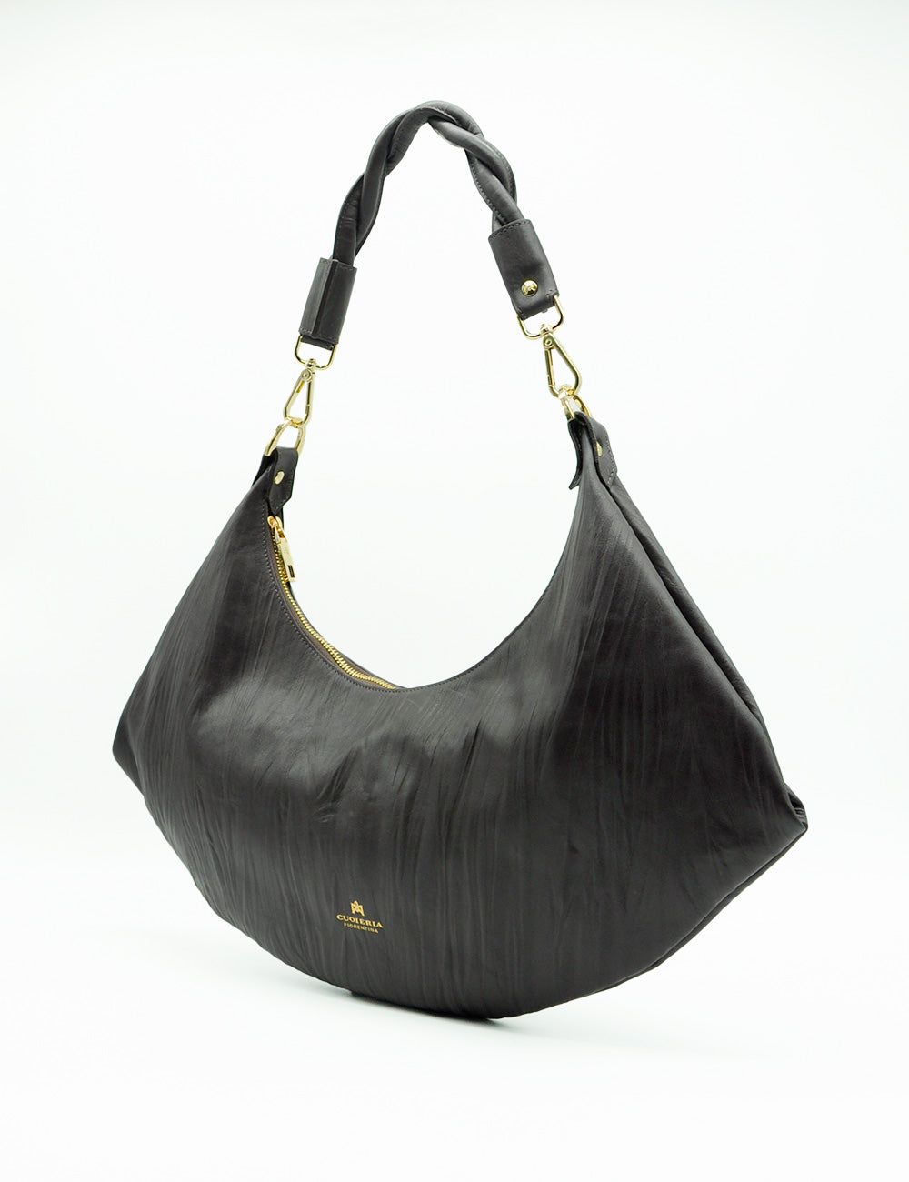 Borsa hobo Cuoieria Fiorentina Sienna Cioccolato in pelle nera testurizzata con tracolla intrecciata e hardware dorato