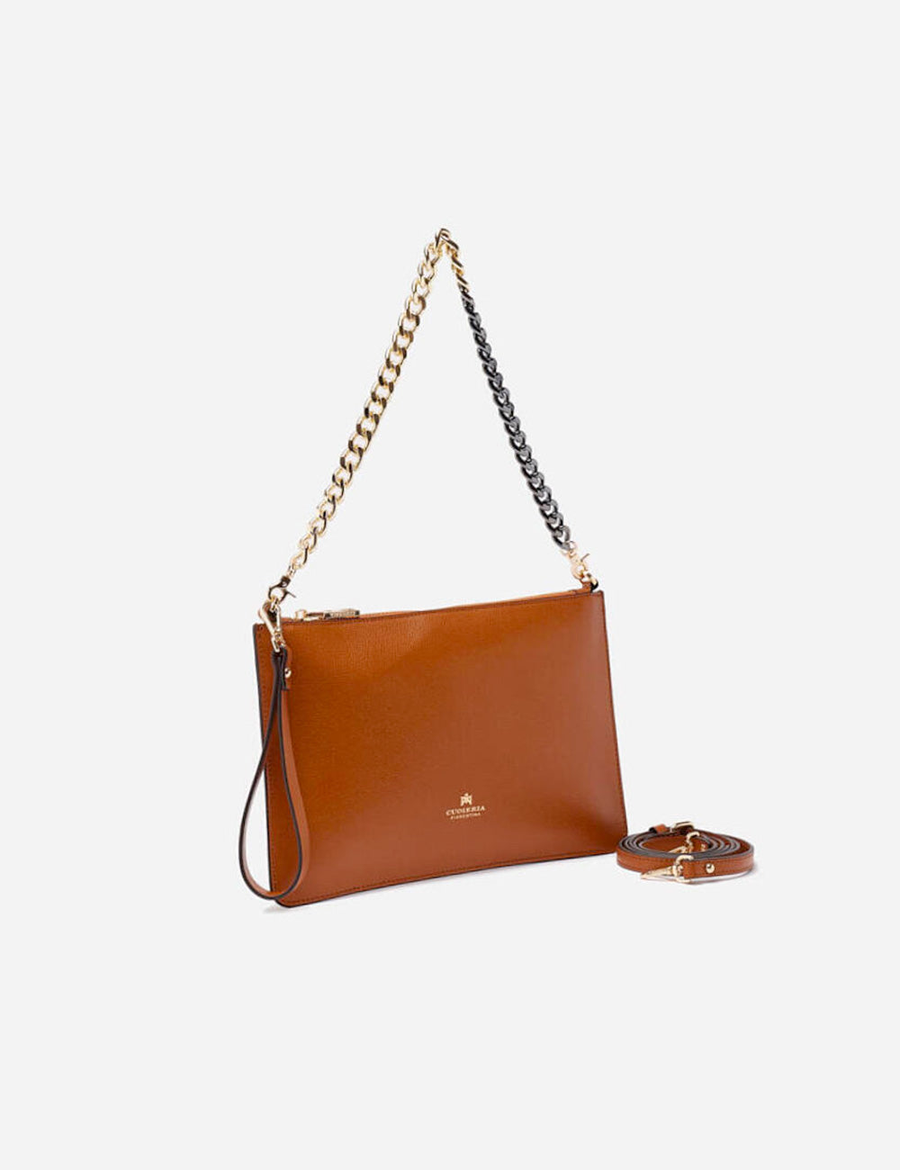 Borsa pochette Cuoieria Fiorentina Bella Lion in pelle tan con tracolla catena oro e nero