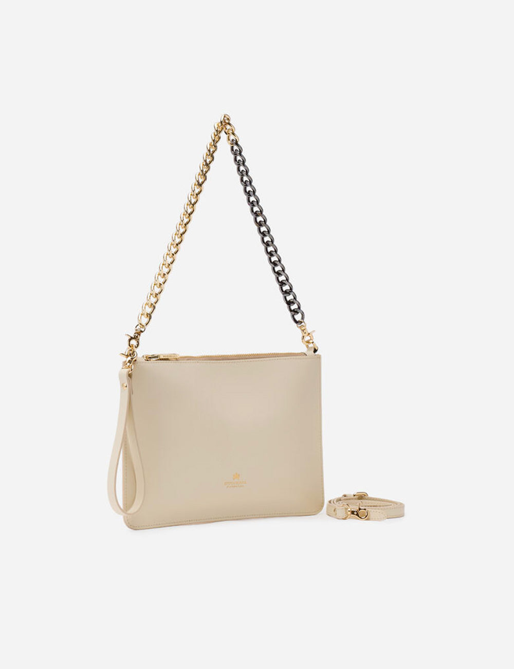 Borsa pochette Cuoieria Fiorentina Bella Prosecco in pelle beige con tracolla catena oro-argento