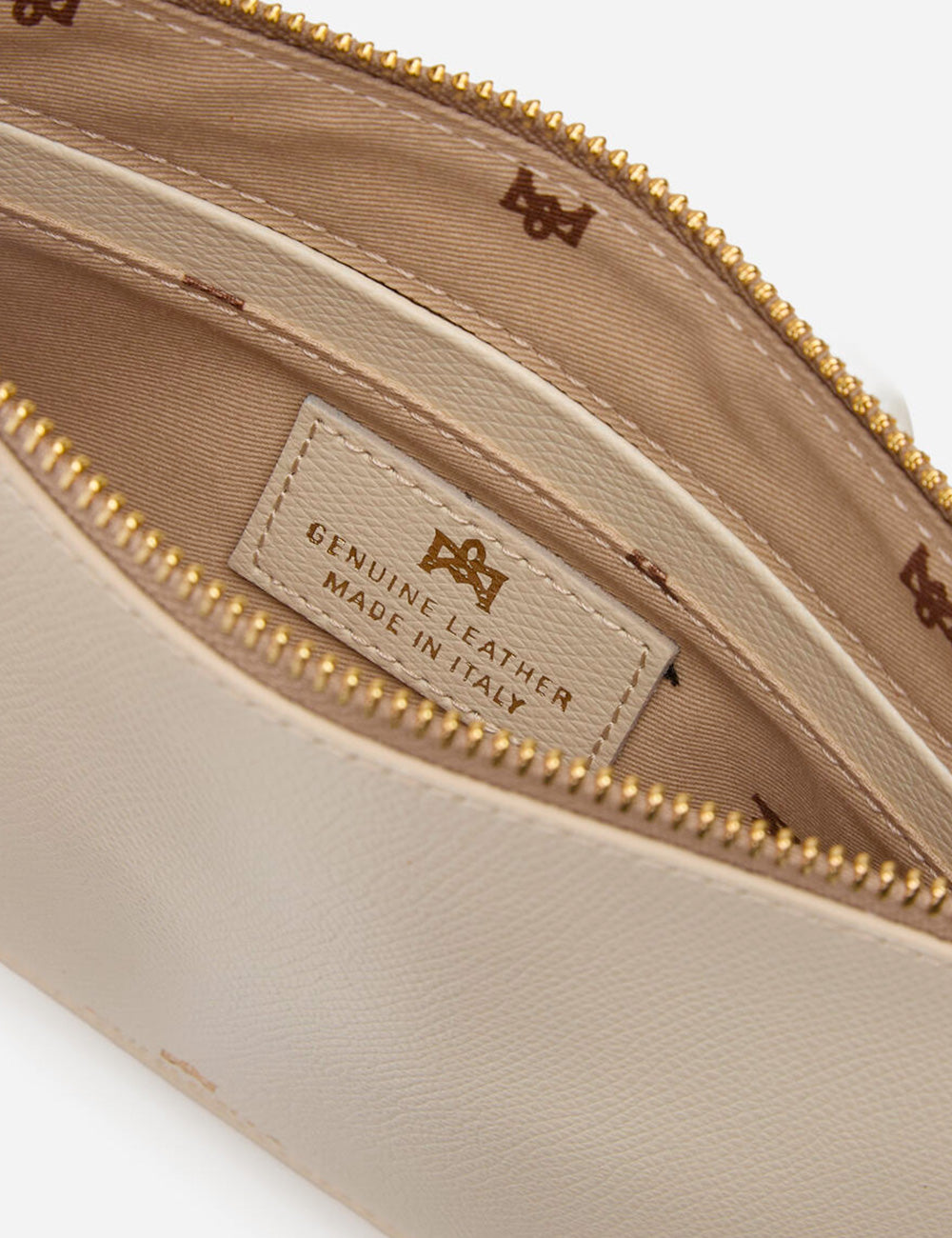 Pochette Bella Prosecco in pelle beige con zip oro e logo interno