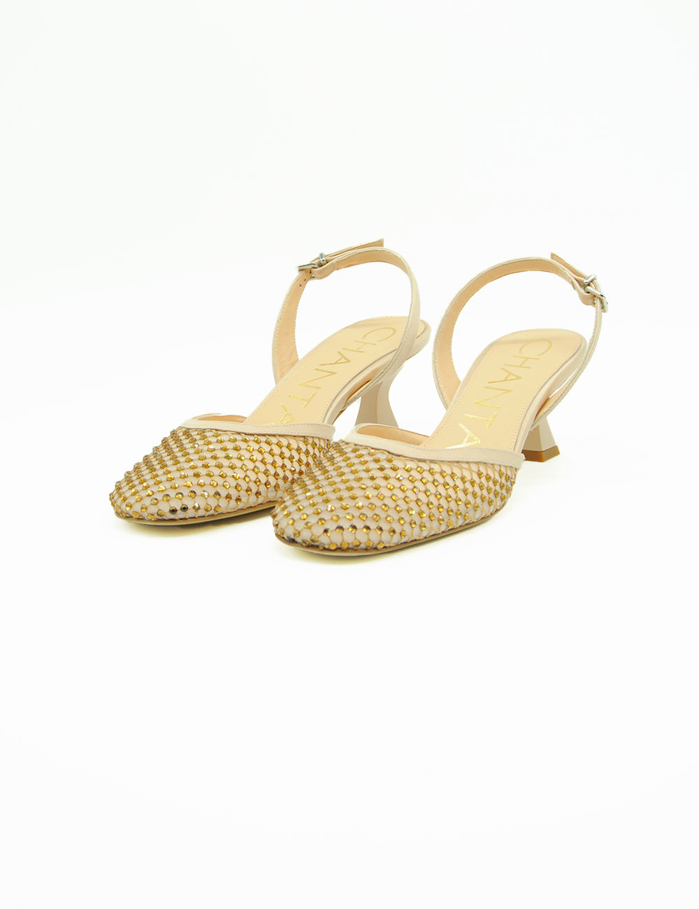 Sandali slingback Chantal Décolleté Beige con rete intrecciata e borchie dorate