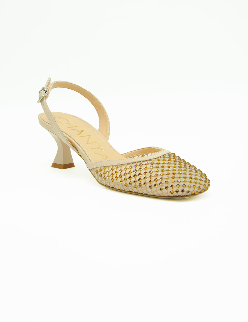 Chantal Décolleté Slingback Beige con punta borchiata e tacco basso a blocco