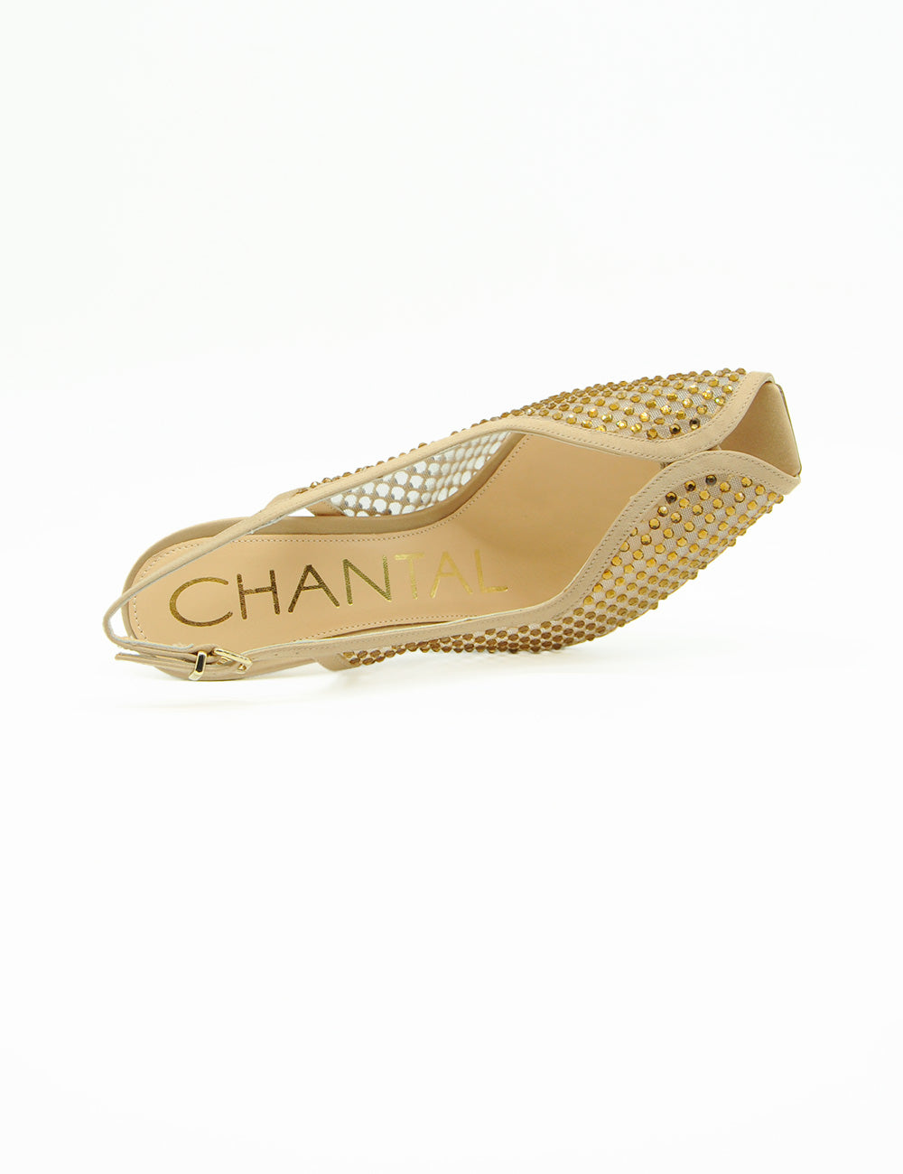Chantal Sandalo Slingback Nude beige con borchie oro e mesh