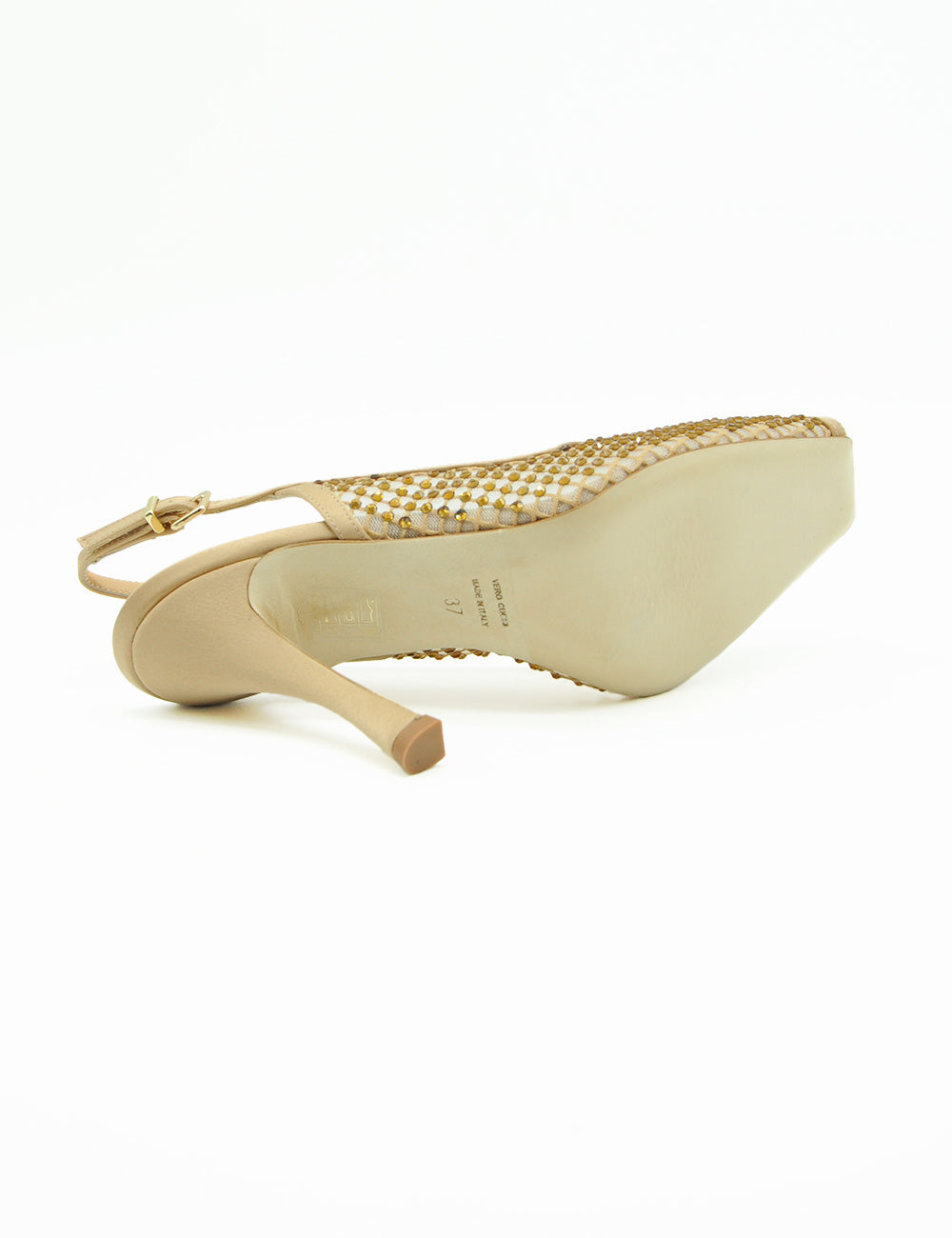 Chantal Sandalo Slingback Nude, beige strappy pump con dettagli oro su punta e tallone