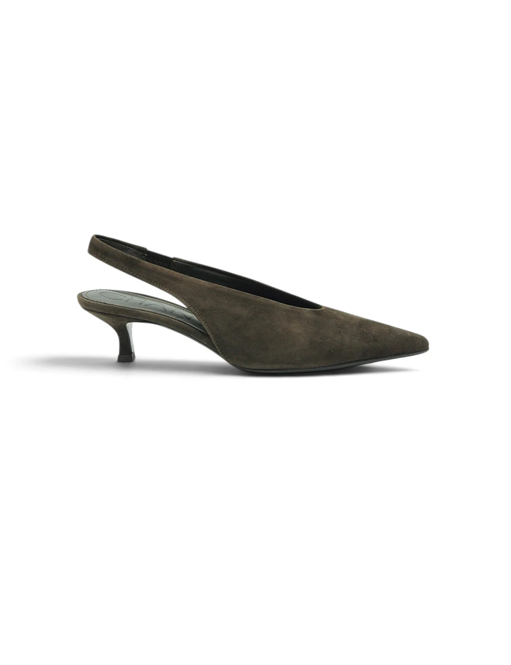 Olive green suede chantal chanel slingback pump with slender heel in moro style