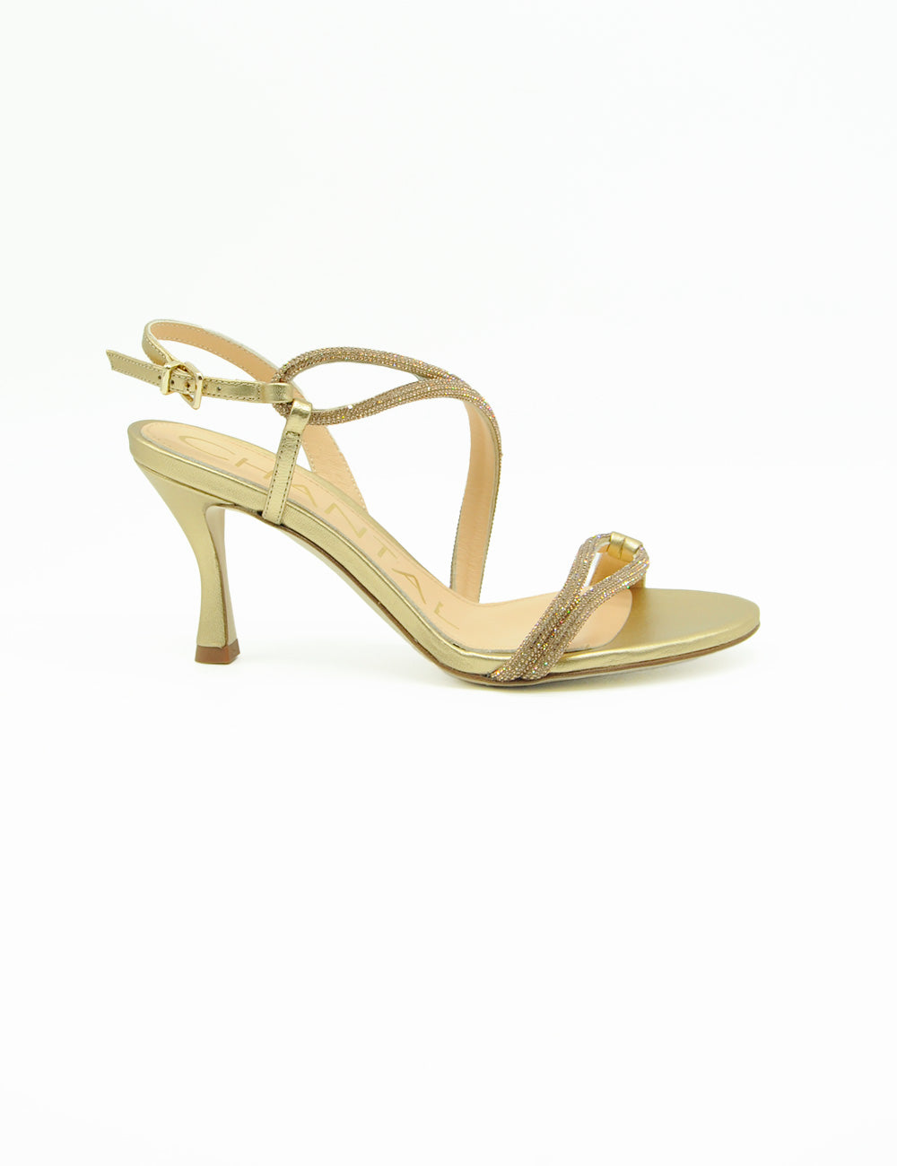 Sandalo Chantal Satin Oro, retro strappy con tacco sottile e dettagli scintillanti