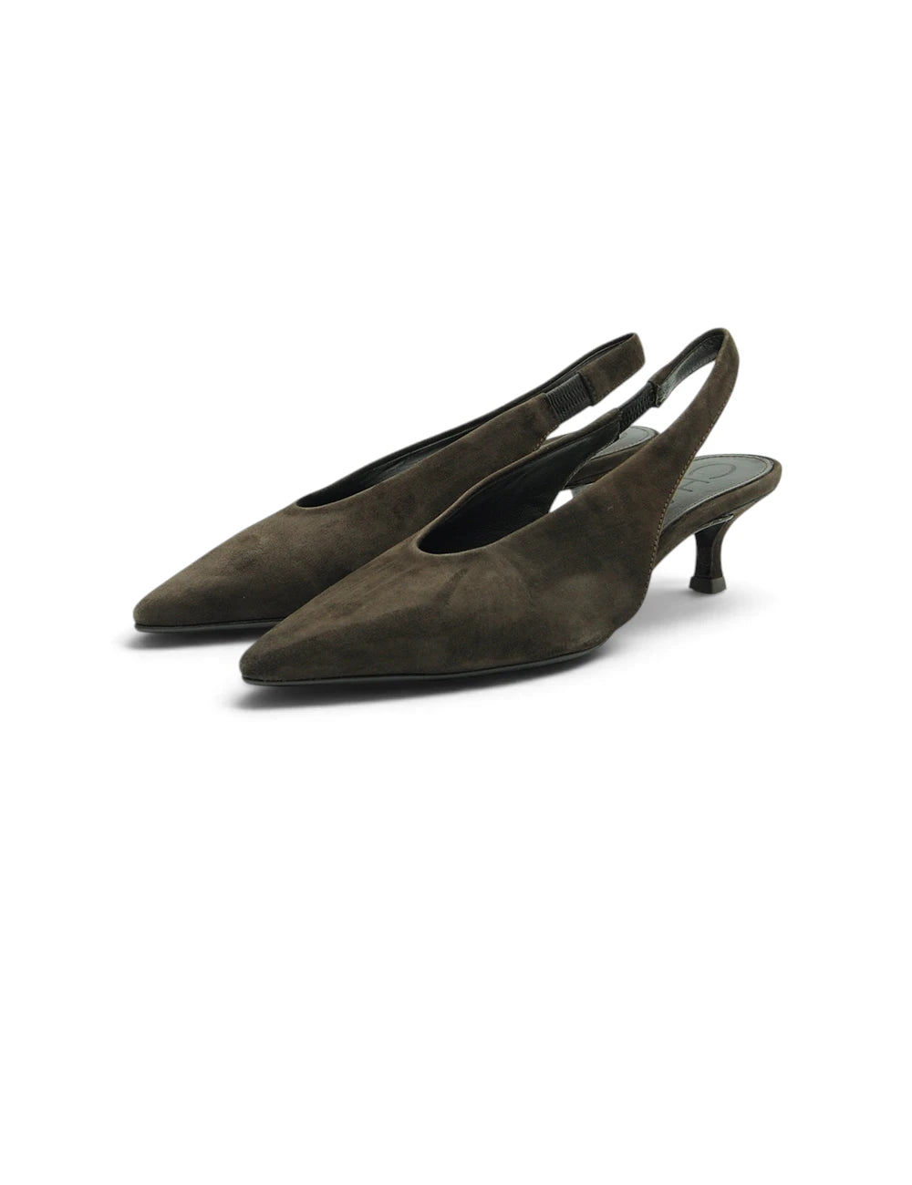Olive green suede pointed toe slingback heels with low block heel in chantal chanel slingback moro style