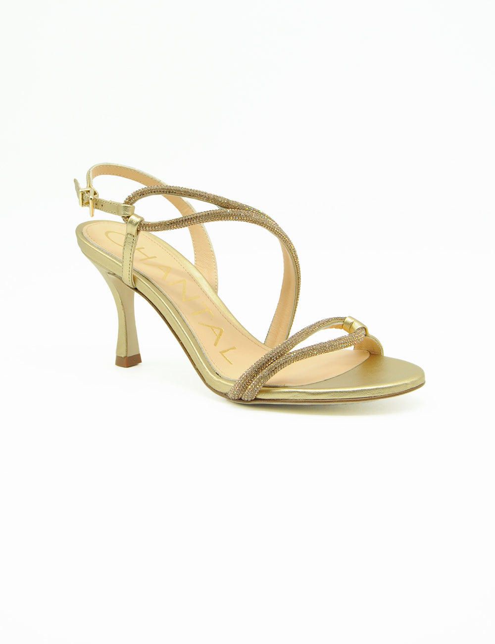 Chantal Sandalo Satin Oro: sandalo con tacco sottile e strass dorati