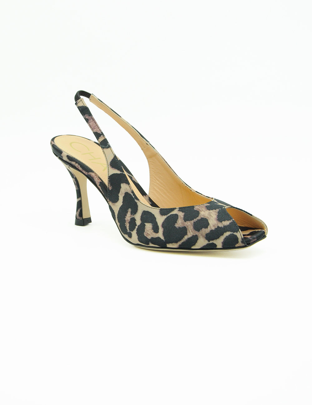 Chantal Sandalo Slingback Leo: pump slingback leopardata peep-toe tacco sottile