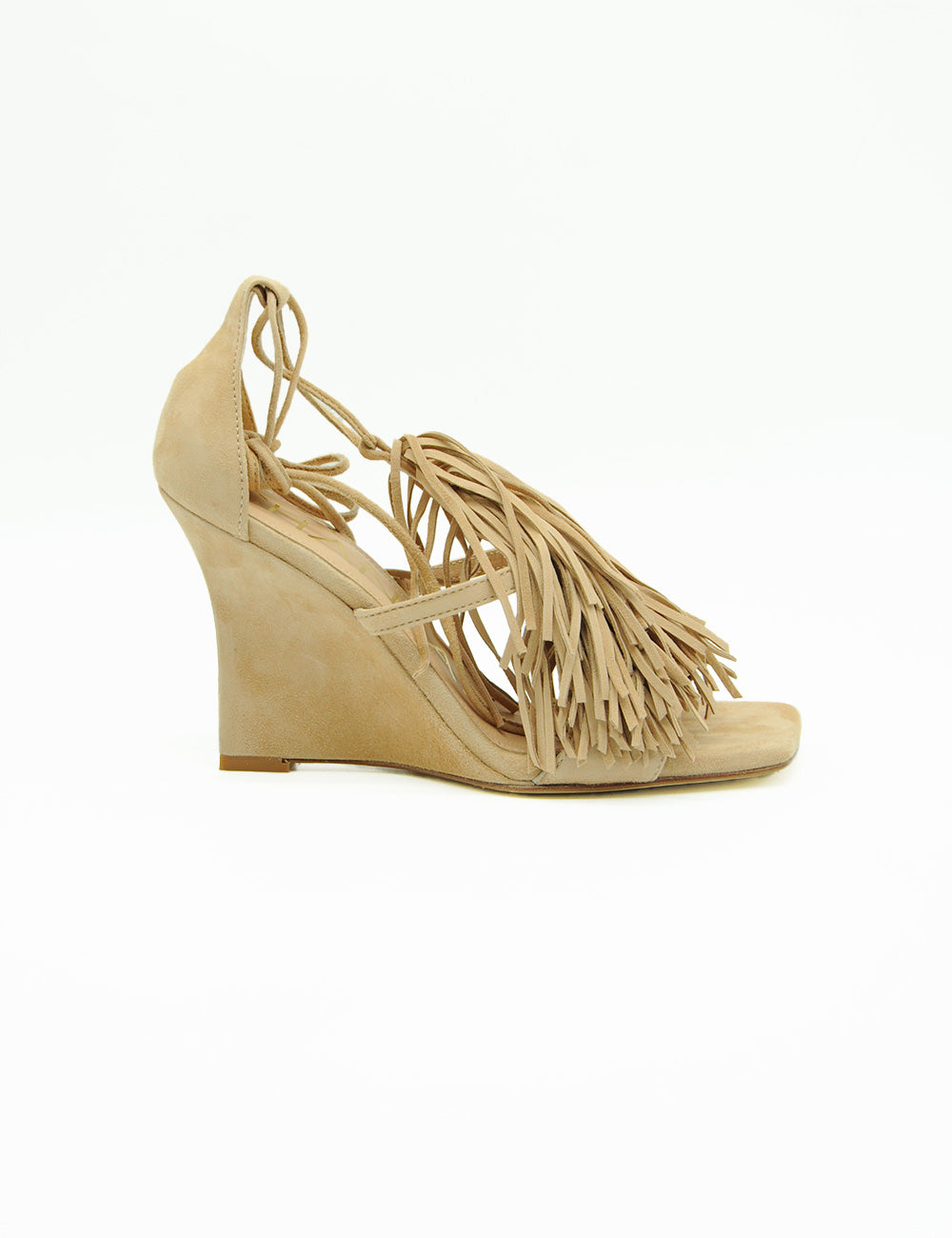 Chantal Sandalo Suede Legno beige con frange e lacci a sandalo wedge
