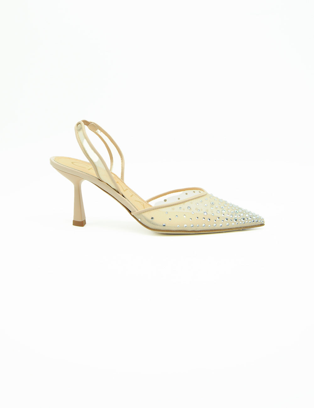 Chantal Décolleté Slingback Mesh: tacco slingback beige con cristalli e suola stiletto