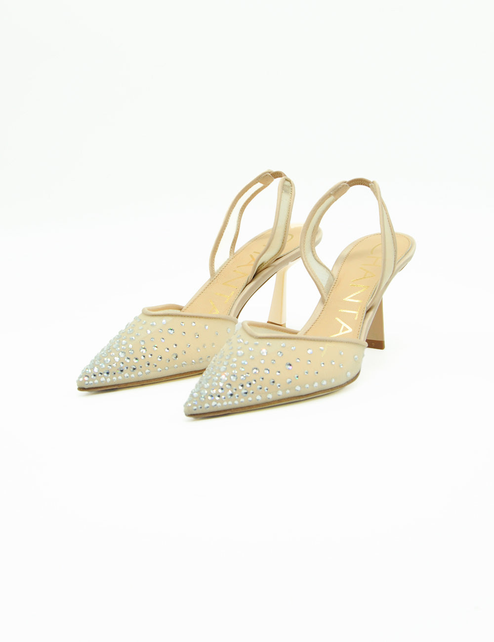 Sandali slingback Chantal Décolleté Mesh beige con cristalli, punta affilata e tacco sottile
