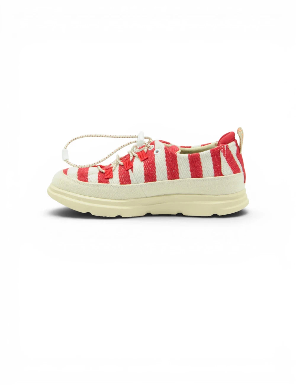 Red and white striped canvas sneaker with cream-colored rubber sole from cnr sneakers easy clip red milk collection