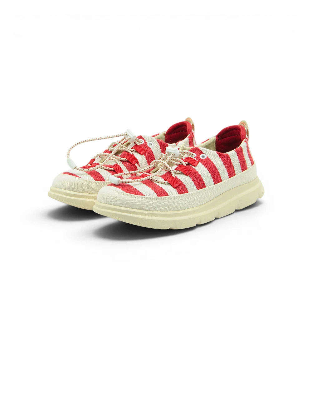 Scarpe da ginnastica cnr easy clip rosse latte in tela a righe rosse e bianche con lacci e suola crema