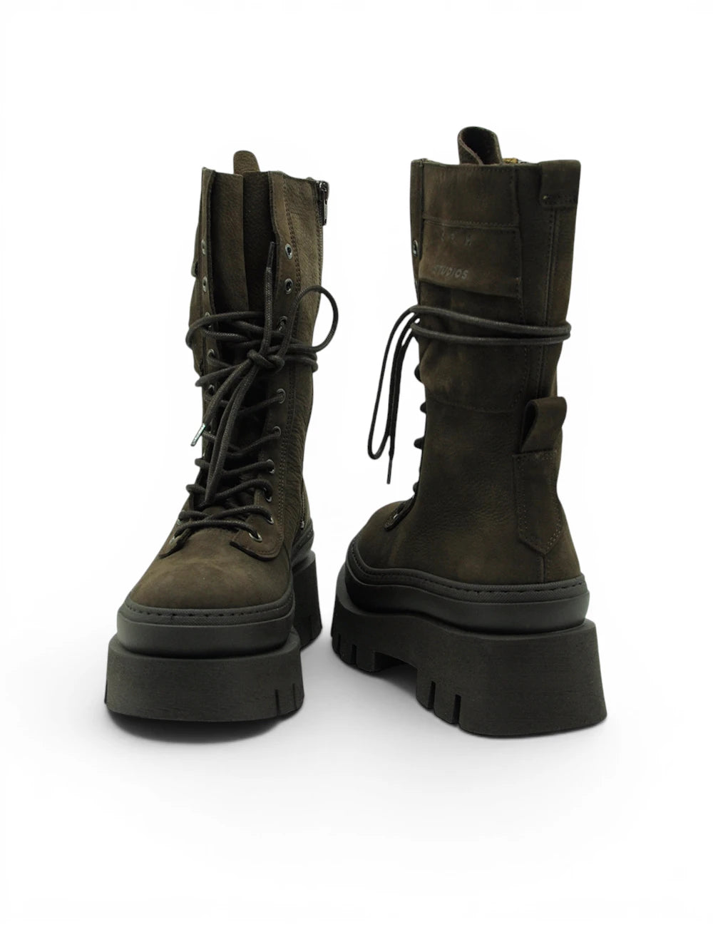 Dark olive green suede combat boots with thick black soles and laces copenhagen anfibio chocolate