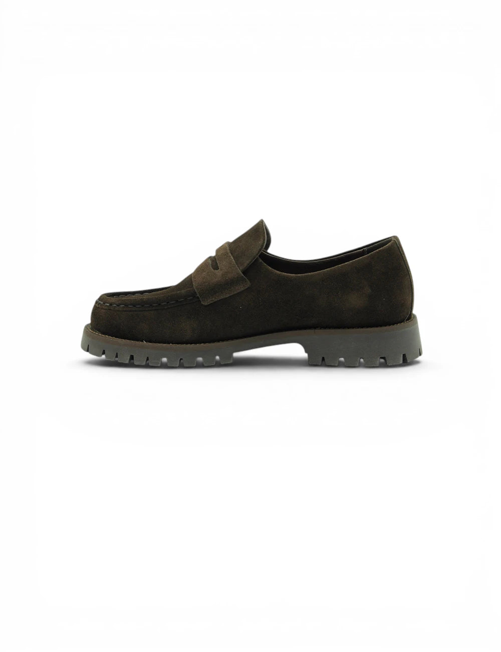 Dark olive suede loafer with contrasting gray rubber sole and classic penny strap design from copenhagen mocassino chocolate